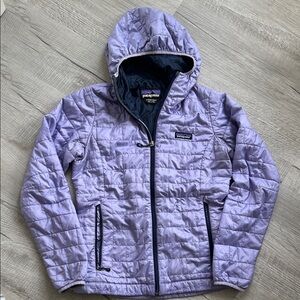 Patagonia Quilted Hooded Jacket in Light Lavender with Navy Trim